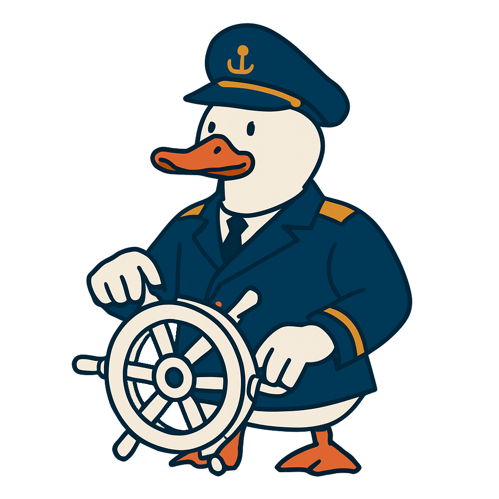 Debug Duck - cartoon duck dressed as a ship captain holding a ship's wheel
