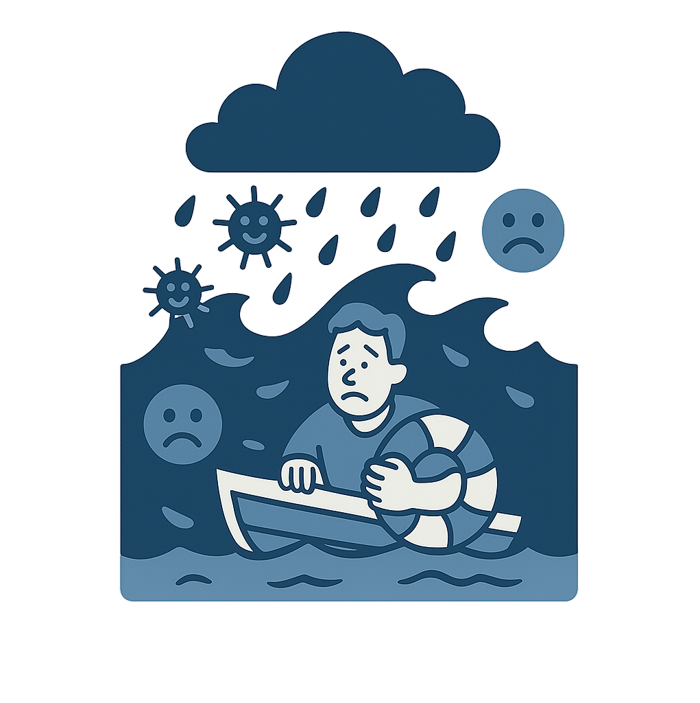 A ship captain, sad, stuck on a boat on a cloudy, rainy day with choppy seas. Representing chaos, lower revenue, upset customers.