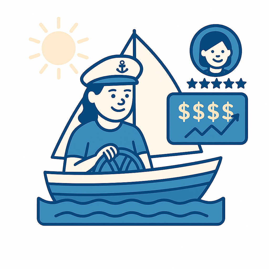 A ship captain, smiling, piloting a sailboat on a sunny day in calm seas. Representing calm, higher revenue, happy customers.