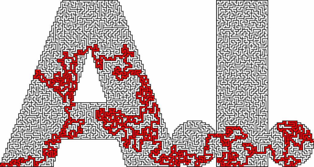 Image of text letters "A.I." with squiggly maze lines. Some lines are randomly filled in with red.