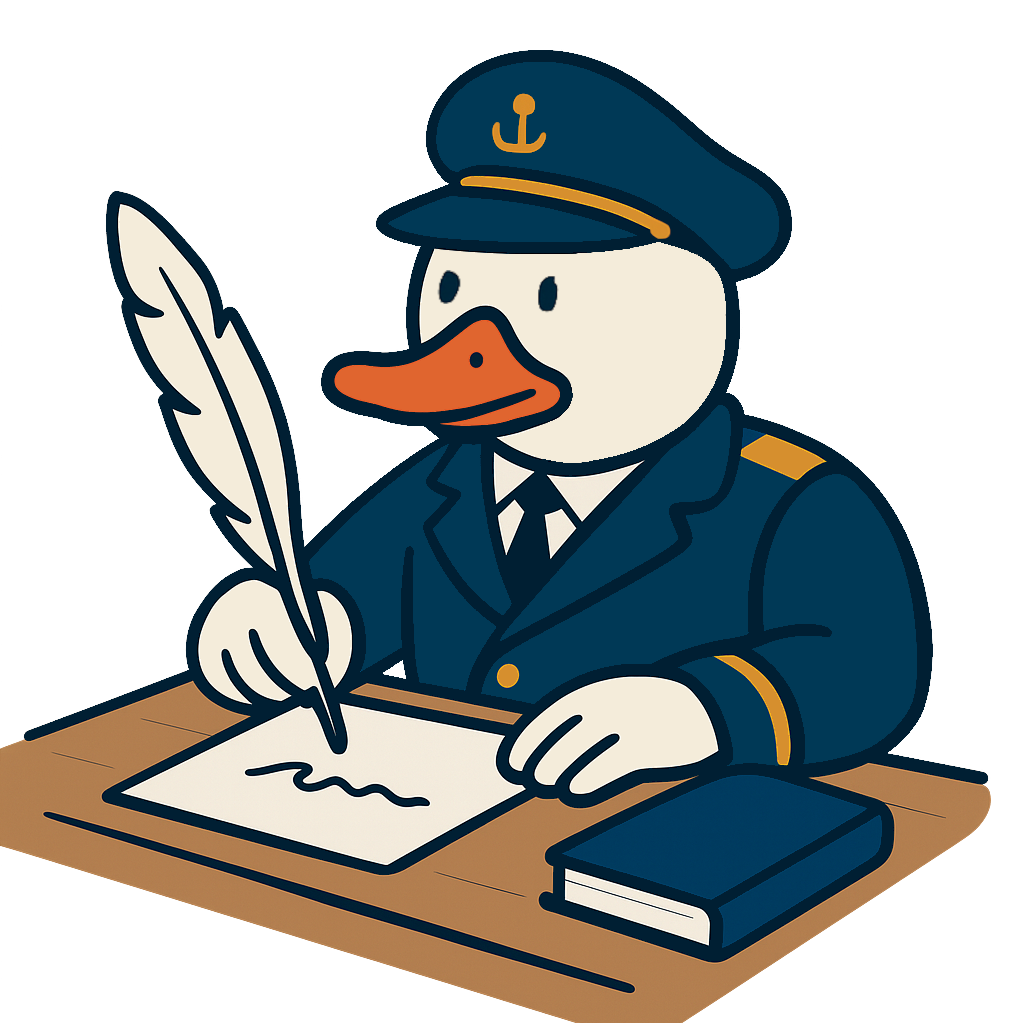 Debug Duck - a cartoon duck dressed as a ship captain sitting at a desk writing a blog with a feather quill.