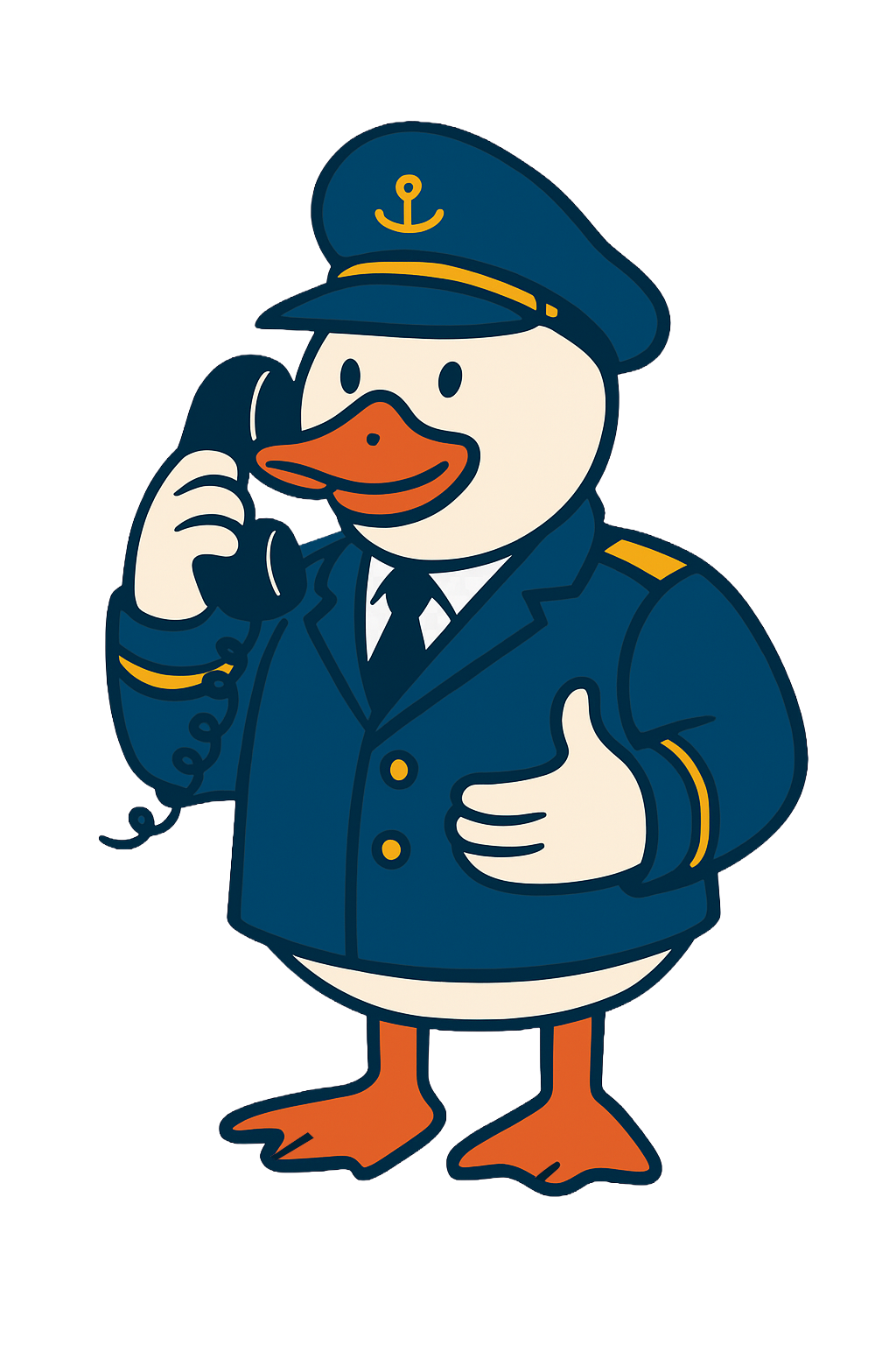 Debug Duck - a cartoon duck dressed as a ship captain talking on a phone.