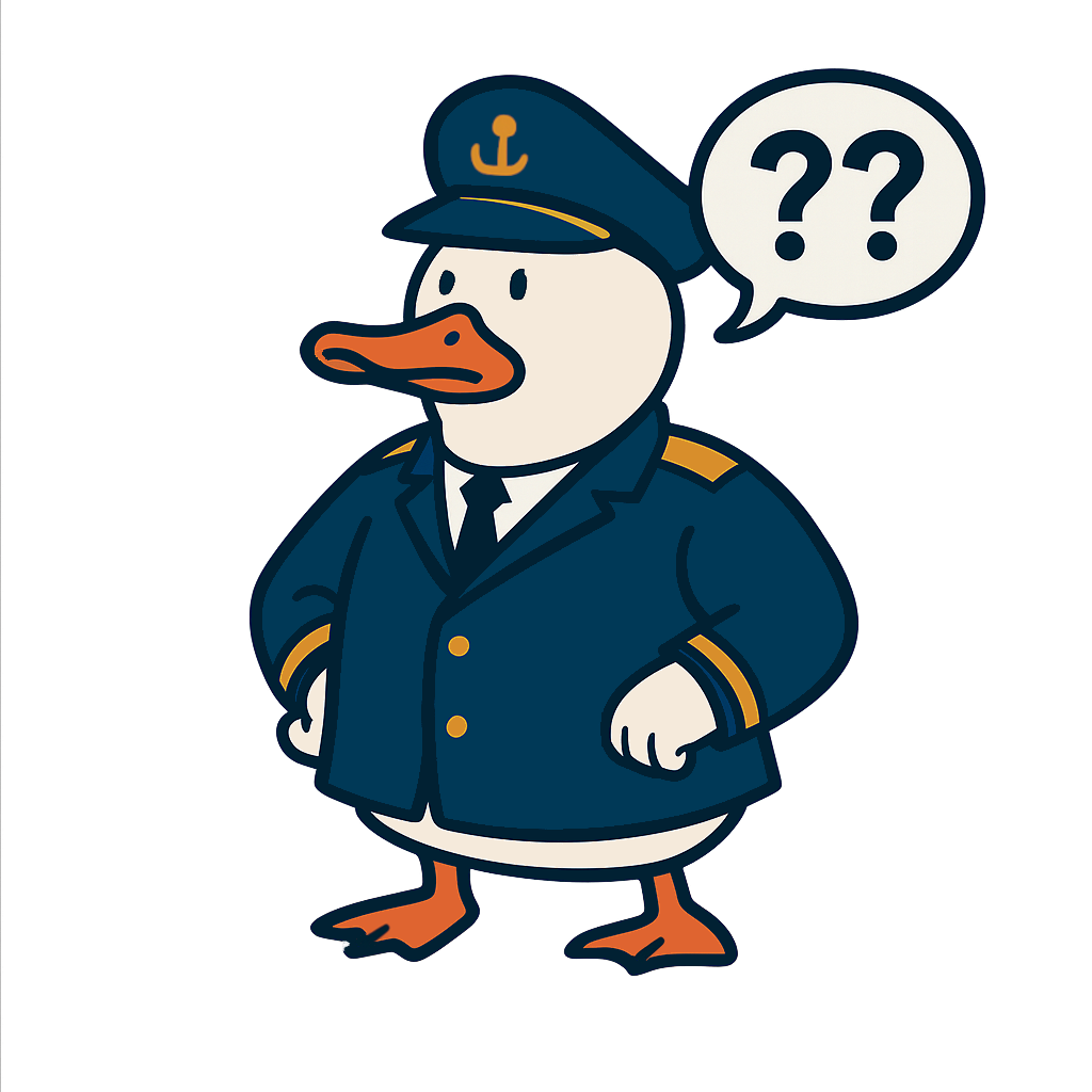 Debug Duck - a cartoon duck dressed as a ship captain standing with wings on hips, looking confounded with question marks in a thought bubble.