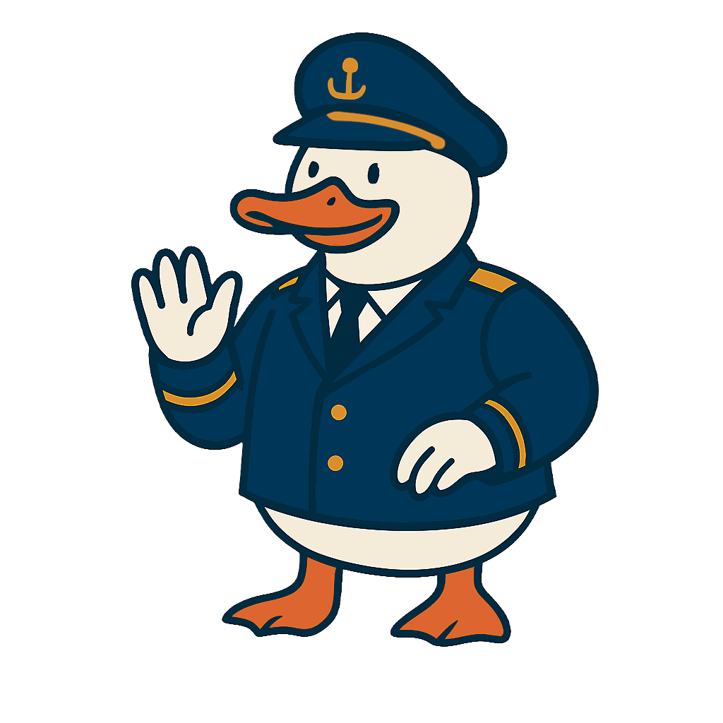 Debug Duck - a cartoon duck dressed as a ship captain waving hello.