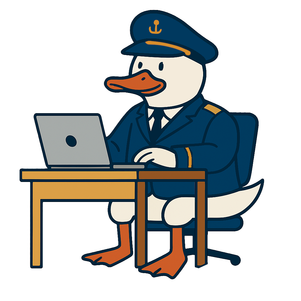 Debug Duck - a cartoon duck dressed as a ship captain sitting at a desk, working on a laptop.