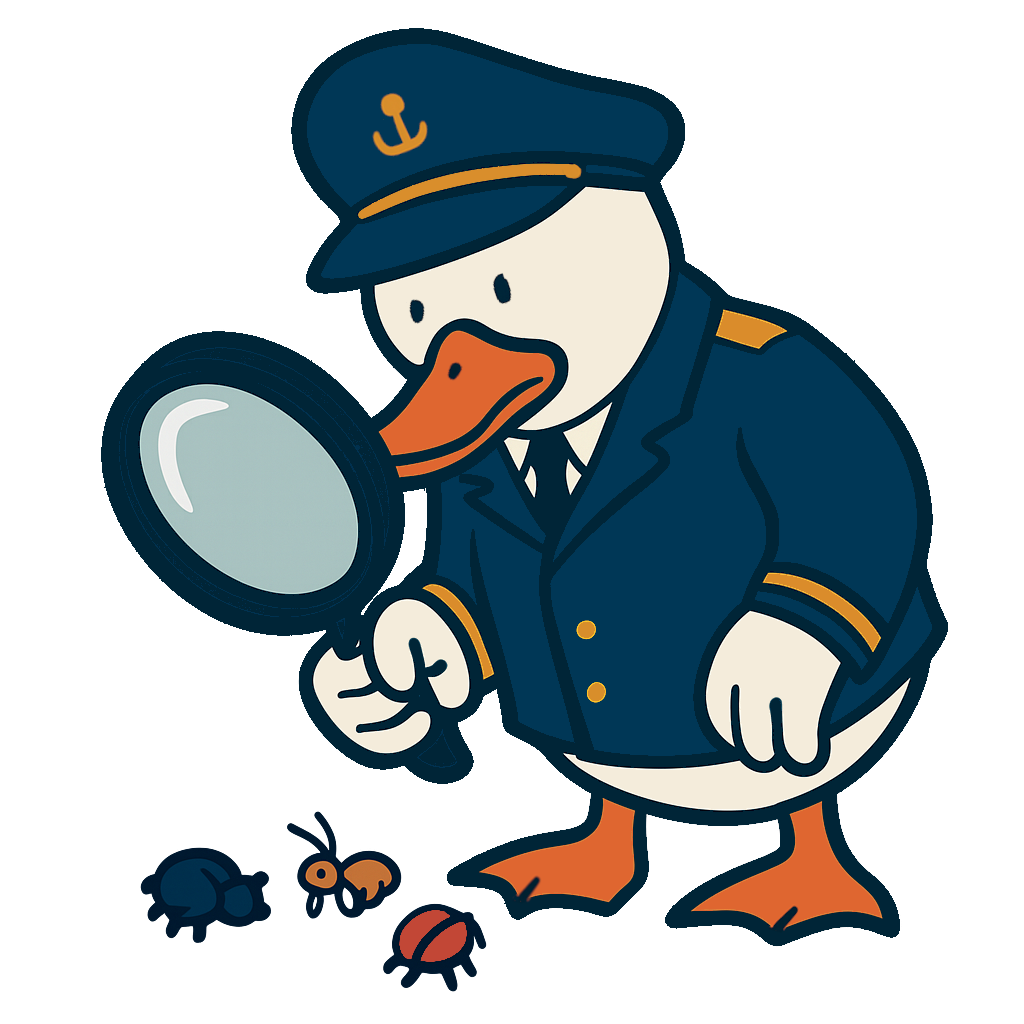 Debug Duck - a cartoon duck dressed as a ship captain holding a magnify glass, looking down at bugs.
