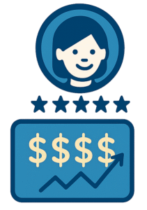 An illustrated person smiling with 5 stars underneath. 4 dollar signs and an graph arrow increasing upwards.