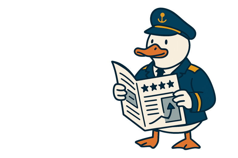Debug Duck - a cartoon duck dressed as a ship captain reading a newspaper to simulate reading a blog post